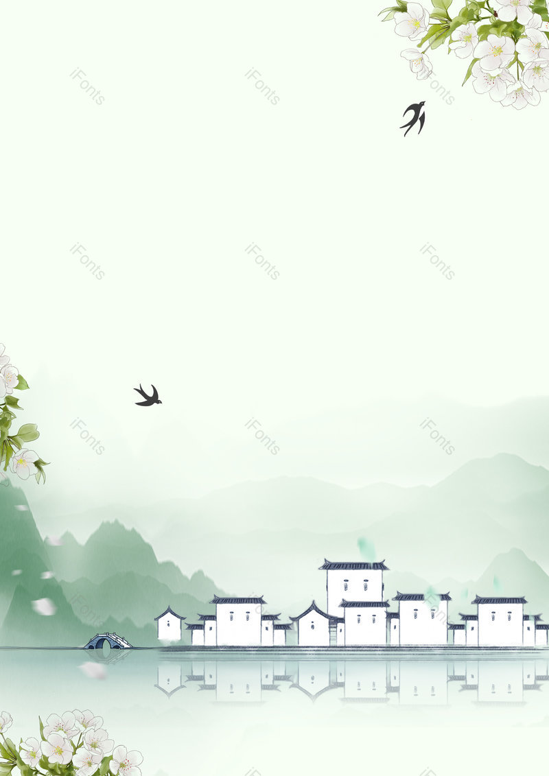 绿色古风山水意境清明节梨花海报背景,插画/手绘图,插画/手绘图库,插画/手绘图下载,插画/手绘